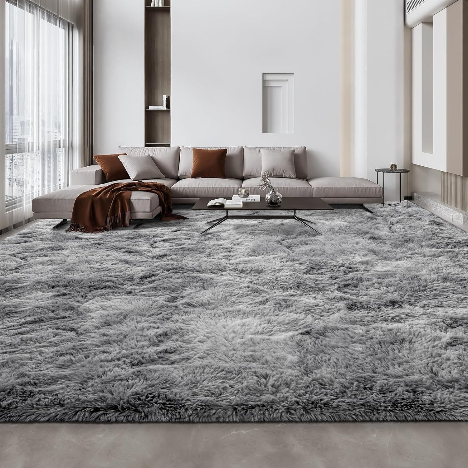 Large Shag Area Rugs 10 x 14, Tie-Dyed Plush Fuzzy Rugs for Living Room, Ultra Soft Fluffy Furry Rug for Bedroom, Anti-Skid Indoor Carpet Nursery Rugs for Kids Room Home Decor, Light Grey